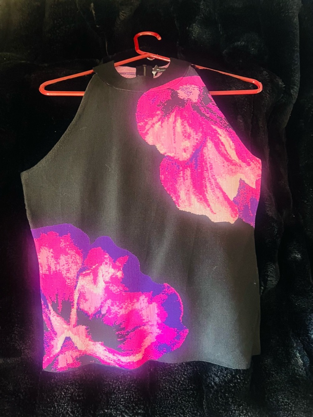 White House Black Market Black Crewneck Sweater with Pink Floral Print